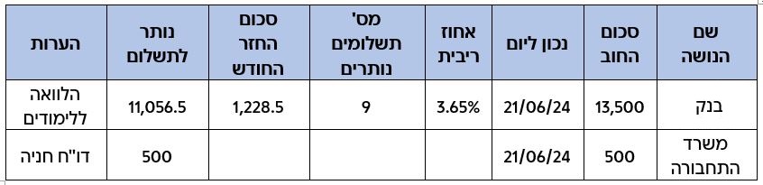 טבלה המציגה דוגמא לרישום החובות שיש לנו